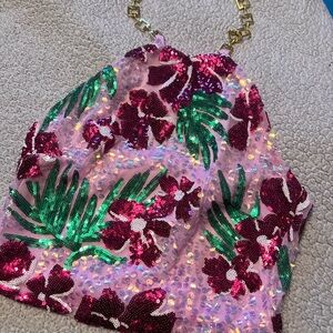 Floral Sequin Halter Top with Gold Chain